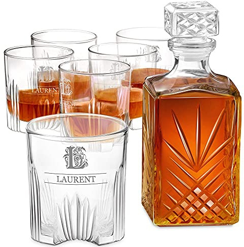 Maverton Ensemble de Carafe en cristal et 6 verres gravés - Whisky set pour gentleman - Cadeau d’anniversaire pour homme - Décanteur avec 6 verres personnalisés - Lettrine