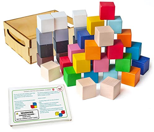 Ulanik Kleine Holzbausteine Natur Montessori Spielzeug ab 3 Jahre Baby Sensorik Spiel Entdeckerwürfel für Zählen und Sortieren Farben Lernen — 40 StapelKlötze