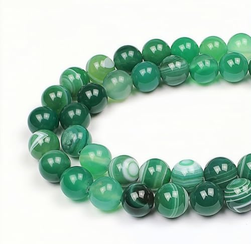 MJDCB Natural Round Stone Beads 10mm Green Striped Agate Loose Gemstone Beads for Jewelry Making Bracelet Necklace 35pcs