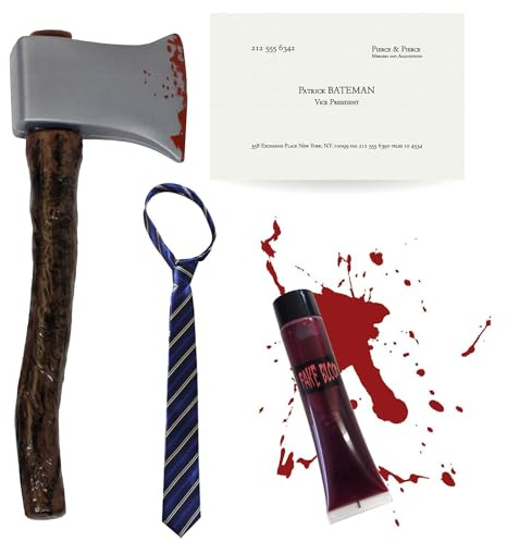 Adults Psycho Costume Accessory Set - Bloody Axe + Blue Tie + Business Card + Fake Blood - Adults TV & Film Character Halloween Fancy Dress Costume