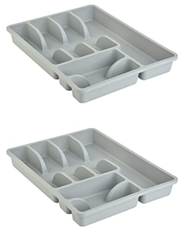 Engelland 2 x Besteckkasten Besteckkorb mit 6 Fächern, Kunststoff, BPA-frei, Farbe: Hellgrau, Maße: 38 x 29 x 5 cm