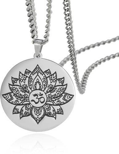 SIPURIS Lotusblume Halskette für Männer Frauen Om Ohm Symbol Yoga Buddhistischer Anhänger Edelstahl Vintage Mandala Anhänger Halskette Spirituelles Schmuck Geschenk Kein Edelstein (Lotus/Silber2)