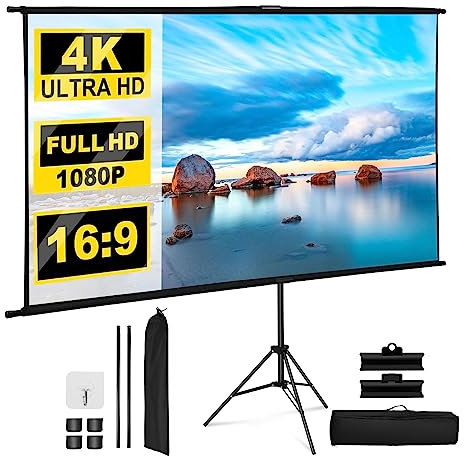 Aomdom Proyector de pantalla con trípode de 100 pulgadas, lienzo 16:9, pantalla de proyección 4K HD portátil de 100 pulgadas, adecuada para el hogar, al aire libre, oficina, escuela