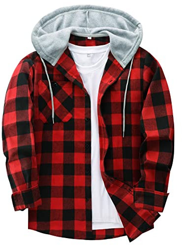 JACKETOWN Men's Plaid Shirts Casual Sweatshirt Hoodie Long Sleeve Shirt with Pocket Button Down Checked Shirt Flannel Regular Fit 4 Seasons Lumberjack Shirts Red