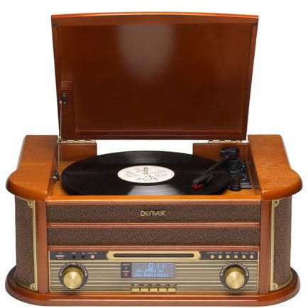 Platine vinyles Denver MRD-51. Radio Dab/FM, CD, Cassette, REC. Haut-parleurs 5W, Design rétro. Boîtier en Bois.