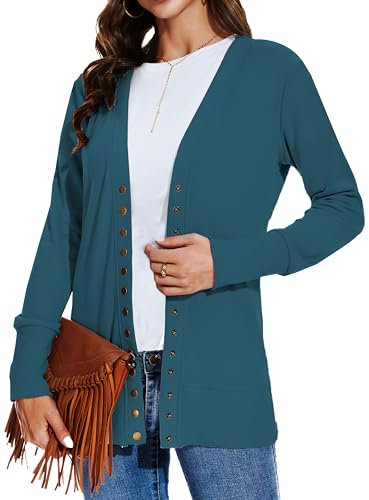 Lange Strickjacke, Pullover für Damen, vorne offen, Druckknopf, gerippt, Strickjacken, Outfits, 07-Blau-SD, Klein