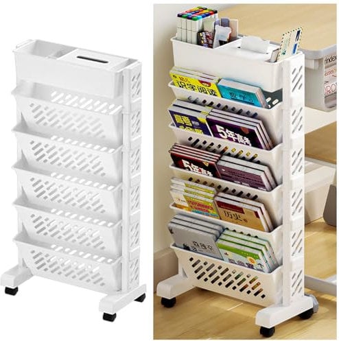 NUODWELL Mobiles Bücherregal mit Rollen, mehrlagiges Schreibtisch-Bücherregal, drehbares Rollregal, Organisationsregal für Schule, Klassenzimmer, Zuhause (6 Etagen)