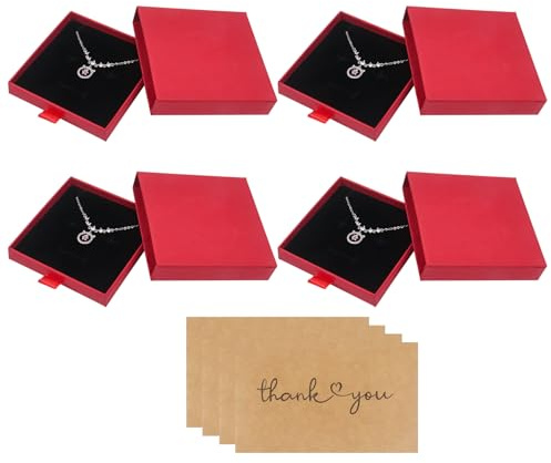 4 Stück 8× 8× 1,7 cm Kleine Geschenkbox mit Karten - Schmuck Geschenkbox für Armbänder, Halskette - Schmuckverpackungen (Rot)