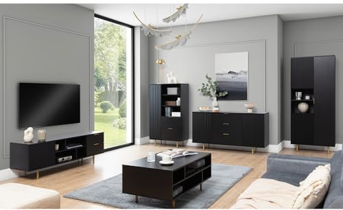 Lomadox Wohnmöbel Set Wohnwand matt schwarz 5-teilig modern 1 Sideboard, 1 Couchtisch, 1 Lowboard, 1 Highboard, 1 Vitrine