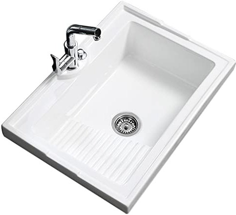 Lavandino per Lavanderia da Bagno in Ceramica Lavandino Rettangolare a Vaschetta Singola per Fattoria con Lavatoio Installazione a Semi-Incasso (Colore : Bianca, Dimensioni : 62x53cm)