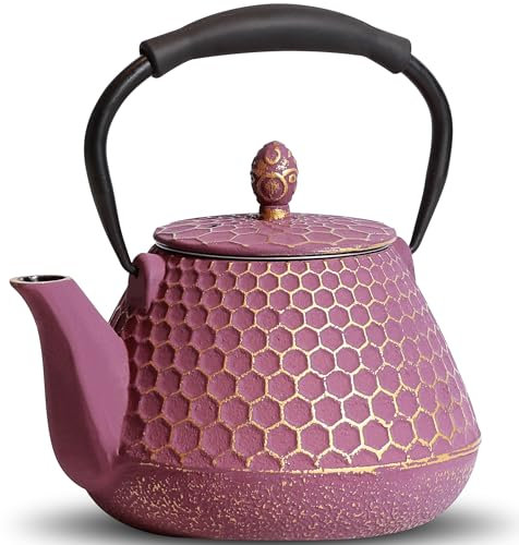 GUANGHEIRON Théière en fonte avec infuseur pour thé, café, motif nid d'abeille japonais, revêtement intérieur émaillé, poignée en silicone, 950 ml, violet