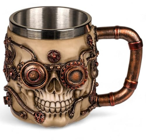 MIJOMA Chope à bière avec tête de mort 3D Steampunk Skull – Tasse élégante en pierre artificielle avec insert en acier inoxydable, 400 ml (Gear)