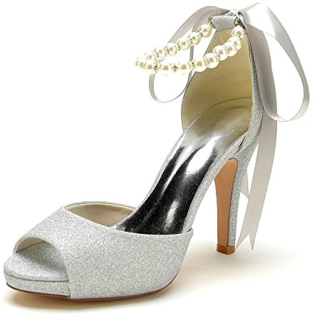 Dcbdx Peep Toe Pumps Pearl Ankle Strap Ribbon Bow Platform Sandals Fashion Evening Wedding Bridesmaid High Heels,Silver,6 UK
