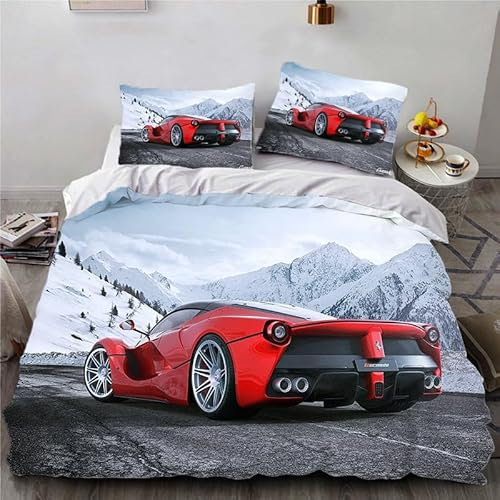 Bettwäsche 155x220 cm Luxus Auto Sportwagen Motiv Bettbezug 155x220 Set 3-Teilig Microfaser 3D Mode Konzeptautos Druck Bettbezügen + 2 Kissen 80x80 cm Mit Reißverschluss Eckbänder