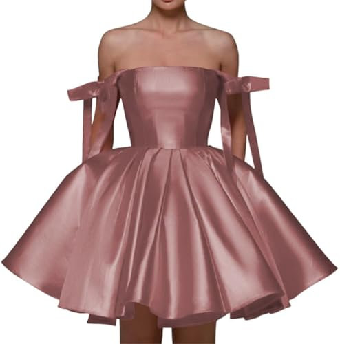 WSEYU Robe de soirée étudiante en satin avec nœud court et bretelles spaghetti, robe de cocktail plissée avec poches, vieux rose, 48