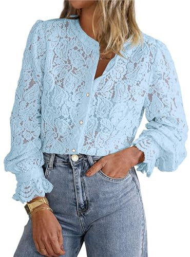 BAWUTZ Women's Dressy Casual Lace Blouse, Long Sleeve Lace Blouses for Women, Light Blue, XL