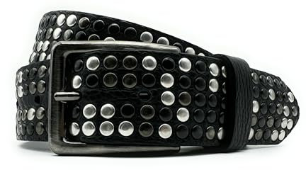 PASSIONE Nieten-Gürtel Silber – Höhe 3,5 cm – Schwarz - echtes Leder – Made in Italy (Taillenumfang 85 cm - Gesamtmessung 100 cm)