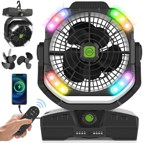 RUNTOP 20000mAh Rechargeable Oscillation Camping Fan with LED Lantern, Battery Operated, 4 Speeds, Remote Control, Black, Modern, Portable, Tabletop, Outdoor, Personal USB Desk Fan