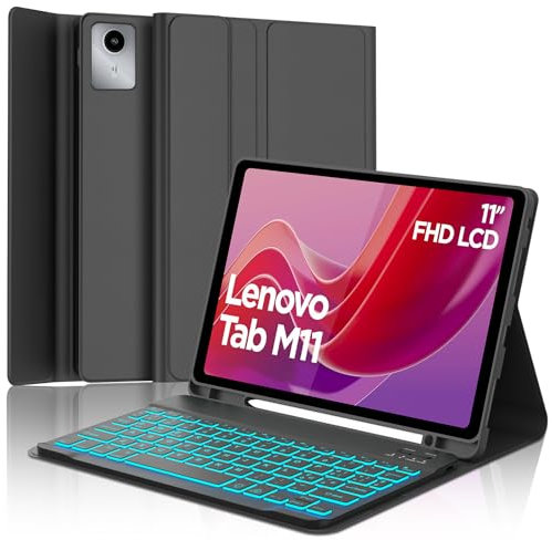 SENGBIRCH Custodia Tastiera Lenovo Tab M11 11, Cover con Tastiera per Lenovo Tab M11 2024, 7 Colori di Retroilluminazione Italiano QWERTY Rimovibile Bluetooth Tastiera, Nero