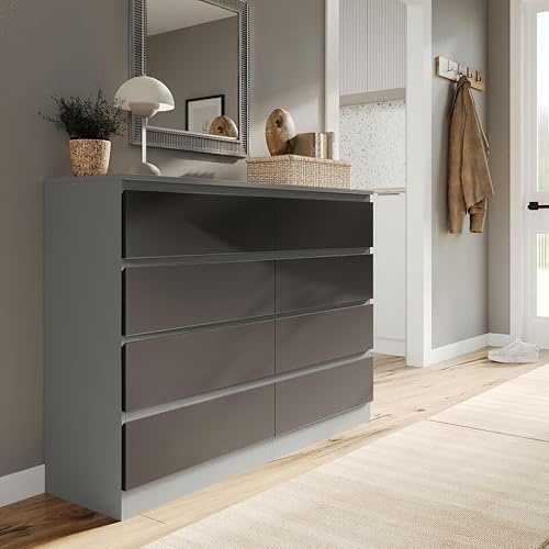 URBNLIVING Modern Grey Wooden Chest with Black 8 Drawers for Bedroom Office Storage Versatile Bedside Table Stylish Cabinet for Organizing Clothes Accessories Work Place Supplies and Personal Items
