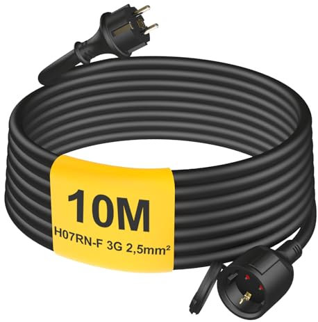 HUARUI Verlängerungskabel Outdoor 10m mit Schutzkappe H07RN-F 3G 2,5 mm², Gummi Stromkabel Verlängerung mit Schuko Stecker für den Außenbereich IP44, Elektrokabel außen, 3500W, 16A 250V, Schwarz
