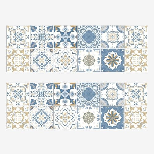 Dinghaole 24pcs Blue Victorian Vintage Tile Stickers, Self-Adhesive Wall Tiles, Kitchen Bathroom Wall Art, Adhesive Waterproof Vintage Stickers