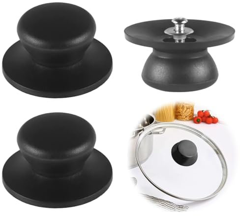 HAMKU 3 Pezzi Pomello coperchio pentola, Pomelli Universali, Pomelli per Coperchio in Bachelite con Accessori per Viti per Coperchio Pentola, Casseruola, Bottoni di Ricambio (Nero)