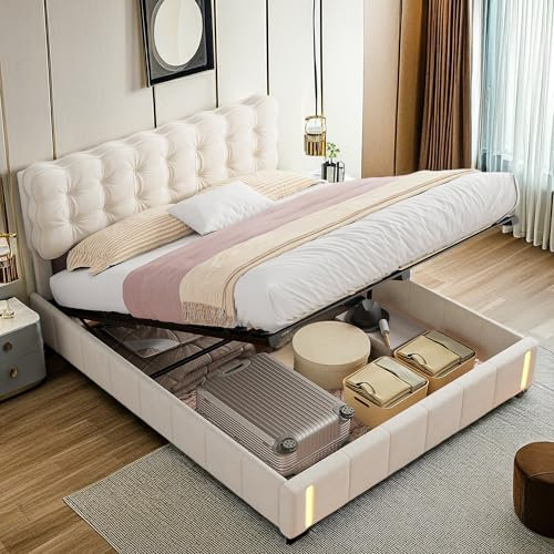 Polsterbett 140x200 mit Bettkasten, Bett mit LED Beleuchtung, Doppelbett Jugendbett mit Stauraum und Kopfteil, Funktionsbett Gästebett Bettgestell, ohne Matratze, Beige