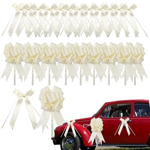 WISIRENT 80 Stück Beige Autoschleife Hochzeit, 30 Geschenkschleife 50 Hochzeitsschleifen fürs Auto, Auto Schleifen für Hochzeit Geschenk Schleife, Geschenkschleife Ziehschleifen für Hochzeit Party