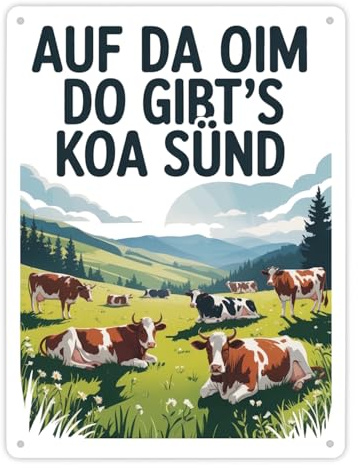 Auf da Oim, do gibt's koa Sünd Metallschild XL in 21x28 cm Berglandschaft mit Kühen Lustige Alpen-Deko für Naturfreunde und Wanderliebhaber