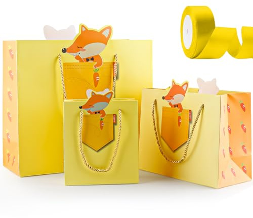 Yiran Fuchs Geschenktasche mit Gelb Geschenkband, 3Stück Fox Geschenktüte Große Mittlere Klein für Geschenk & Süßigkeiten Verpackung, Tiere Party Deco