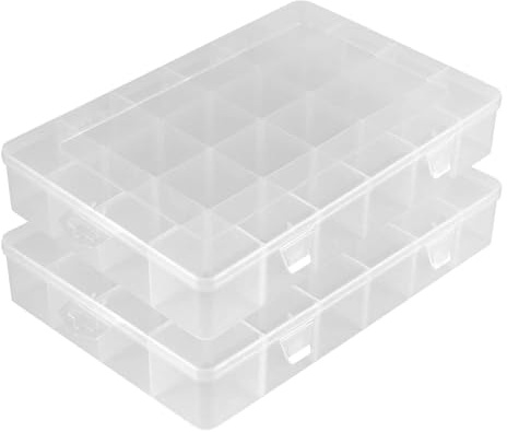 JIAYUET 2PCS 24 Grid Extra Large Clear Plastic Organizer Box with Removable Dividers, Bead Organizer Box Compartment Storage for Jewelry, Beads, Screws, Small Crafts 33.5x22.4x5.7CM