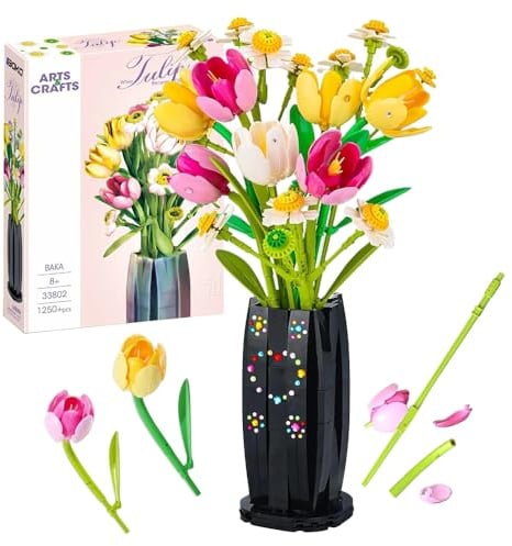 Nzkeuf Construction de Bouquet de Fleurs avec Vase, 1250 PCS Tulipe Blocs de Fleurs, Accessoires de Décoration pour Maison ou Bureau, Cadeau pour la Fête des Mères Anniversaire Saint Valentin Noël