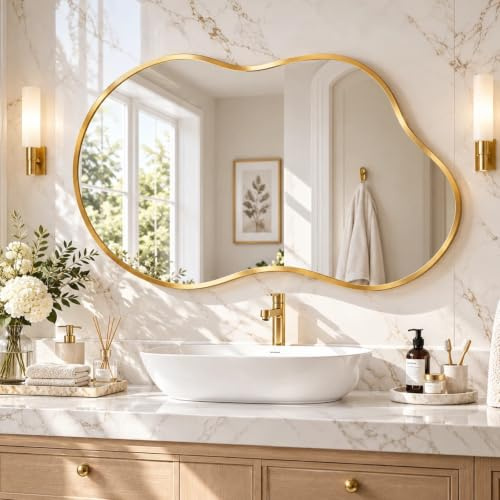 Clevich Spiegel Asymmetrisch 50 x 91cm Rahmen Alu, HD Glas Wandspiegel | Moderner Dekor-Spiegel, Schlankes Modernes Design, für Bad Badezimmer Wohnzimmer Flur Schlafzimmer Wand Cloud-Design, Gold