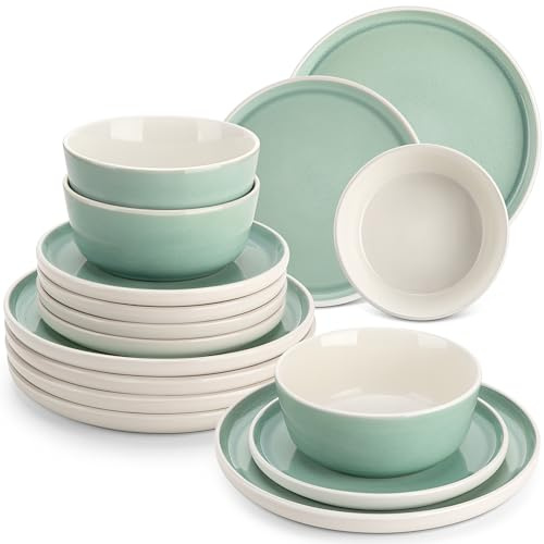 Steingut Geschirrset 6 Personen, vancasso Serie ELBA 18-tlg., Modern Geschirr Set in Türkis mit Speiseteller Dessertteller Müslischüsseln,Tafelservice 6 Personen,Schüssel- und Teller Set mit Stehrand