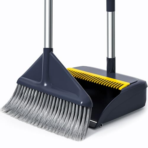 Besen und Kehrblech Set mit langem Stiel, höhenverstellbar, 4-lagige Borsten mit gesplitteten Spitzen, metallverstärkte Kehrblechkante, Kammzähne gegen Haare – Kein Spalt. Kein Restschmutz