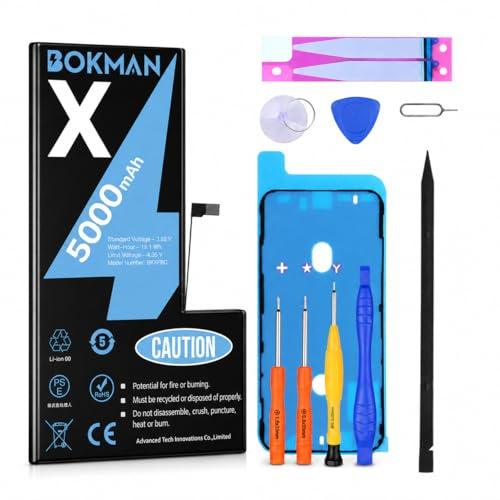 bokman Batteria per iPhone X, 5000mAh Alta Capacità, Kit di Riparazione | Batteria interna, utensili e strisce adesive inclusi, compatibile con A1865/A1901/A1902