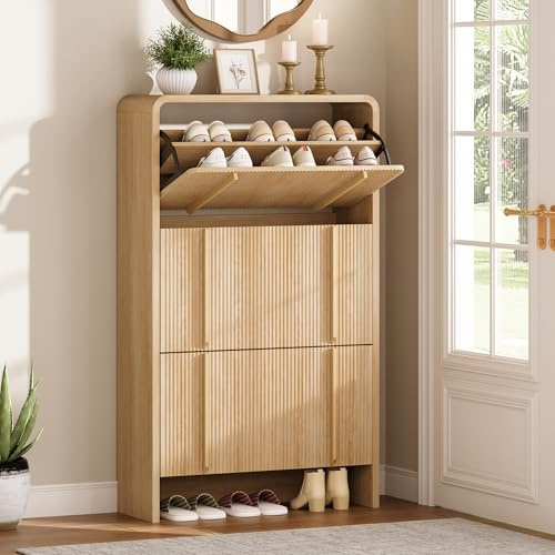 LUXOAK 120cm Shoe Cabinet, 3 Flip Doors, Adjustable Shelves, Wood | 18-21 Pairs Shoe Storage, 25cm Slim Design, Anti-Tip Safety, Fluted Surface, Tool-Free Assembly