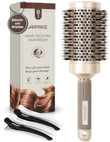 AIMIKE Round Hair Brush, Nano Thermal Ceramic & Ionic Tech, 2.1 Inch Barrel with Boar Bristles for Enhanced Texture, Golden, Hair Drying, Styling, Curling and Shine + 4 Free Clips