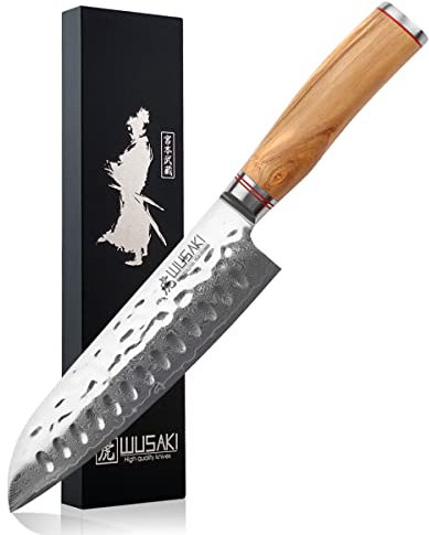 Wusaki - Couteau Santoku Lame Damas 17cm acier inoxydable 10Cr Manche Olivier avec coffret cadeau