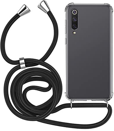 MyGadget Coque Cordon pour Xiaomi Mi 9 - Cover Bumper Silicone Transparent avec Collier - Case Tour de Cou - Protection Anti Choc - Lanière Noir