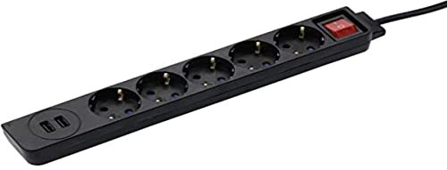 Hama Steckdosenleiste 5-Fach mit USB (2X USB Anschluss mit 3400 mA, 1,4m Mehrfachsteckdose, Berührungsschutz, unbeleuchteter Kippschalter, Steckplätze um 45° gedreht, Steckleiste max. 3680W) schwarz