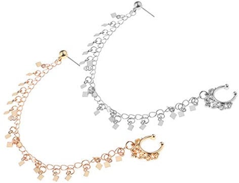 Happyyami 2 Stücke Nasenringe Gefälschte Septum Ring Nicht Piercing mit Kette Nase zu Ohr Kette Ohrstecker Piercing Partei Körperschmuck für Frauen Damen Mädchen (Goldene Silber)