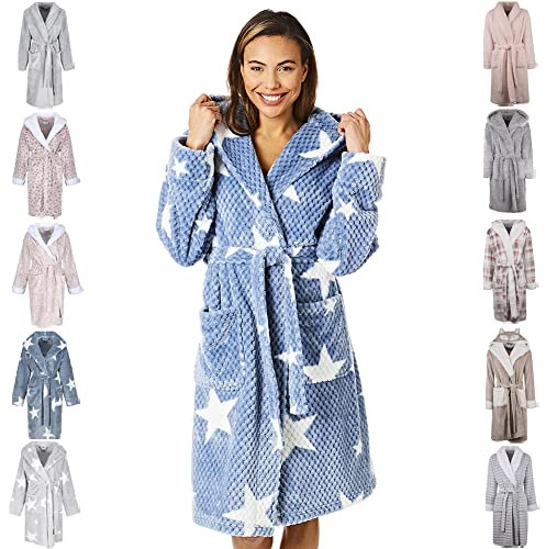 Light & Shade Pretty Woman PWC6800 Accappatoio donna Coral Supersoft Fleece Accappatoio, Cappuccio Star - Blu, L/XL