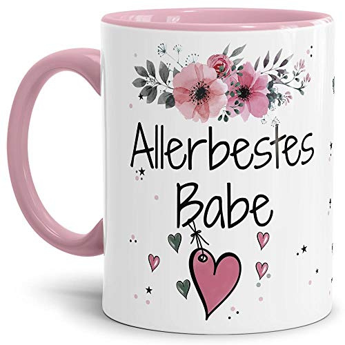 Tasse mit Spruch - Allerbestes Babe weiblich - Bedruckter Kaffeebecher mit süßem Motiv - Geschenkidee für Lieblingsmenschen - Innen & Henkel Rosa, 300 ml