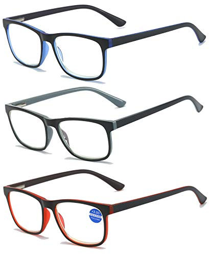 MMOWW 3er-pack Lesebrille Damen und Herren - Anti-blaue Computerbrille mit Federscharnieren(Grau+Blau+Rot,+2.5