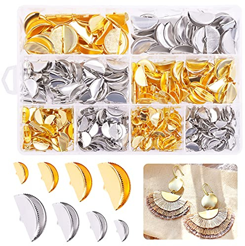 Wokape 360Pcs 13mm 15mm 20mm 25mm Gold und Silber Hälfte Runde Band Crimps Cord End Caps Sortiment Kit, Schmuck Machen DIY Findings Handwerk Lesezeichen Caps Clasps Fastener Clasps Leder Crimp Ends