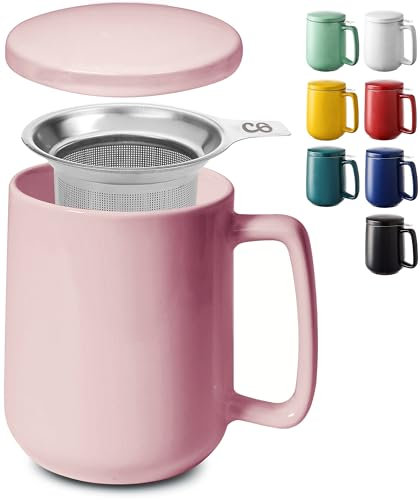 Cosumy Tasse à Thé avec Infuseur et Couvercle 500ml Grand - Céramique - Reste Chaud Longtemps (Rose)
