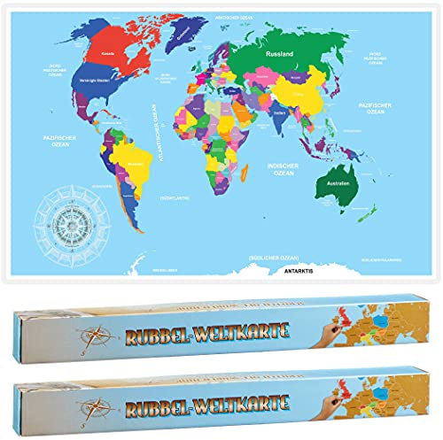 2er Set Rubbel Weltkarte 52x88 cm Deutsch in Colorbox Rubbelkarte Landkarte Poster XXL Länderkarte Rubbelweltkarte