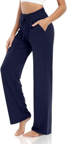 VIGVAN Jogginghose Damen Baumwolle Freizeithose Yogahose Weites Bein Aktive Freizeit Kordelzug Lose Lounge Pants Breites Bein Hausehose Sporthose mit Taschen (Navy blau, L)